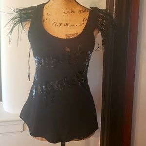 MANGO TANK TOP W/BLACK FEATHER TRIM